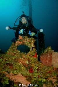 Diver/Photographer at the bow of the El Aguila wreck, Roa... by David Gilchrist 